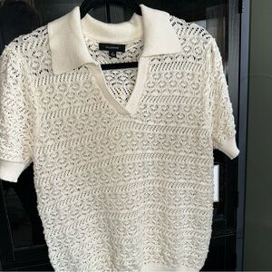 NWT Calligraphe by Anthropologie short-sleeve, cream crochet polo sweater Sz L